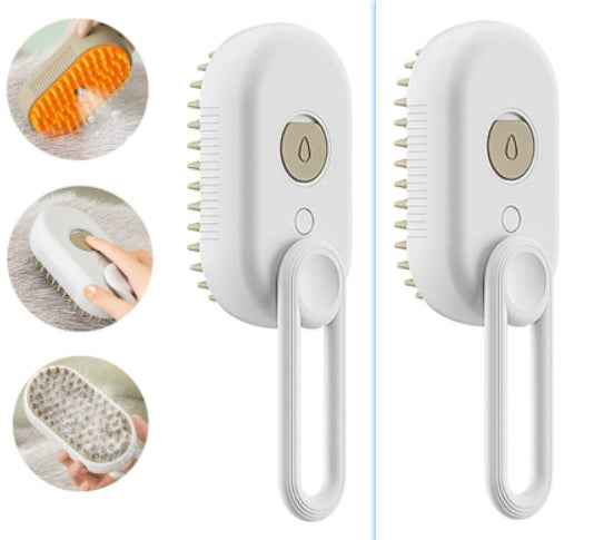 White electric pet steam brush with orange bristle pad and oval handle, with close-up inserts.