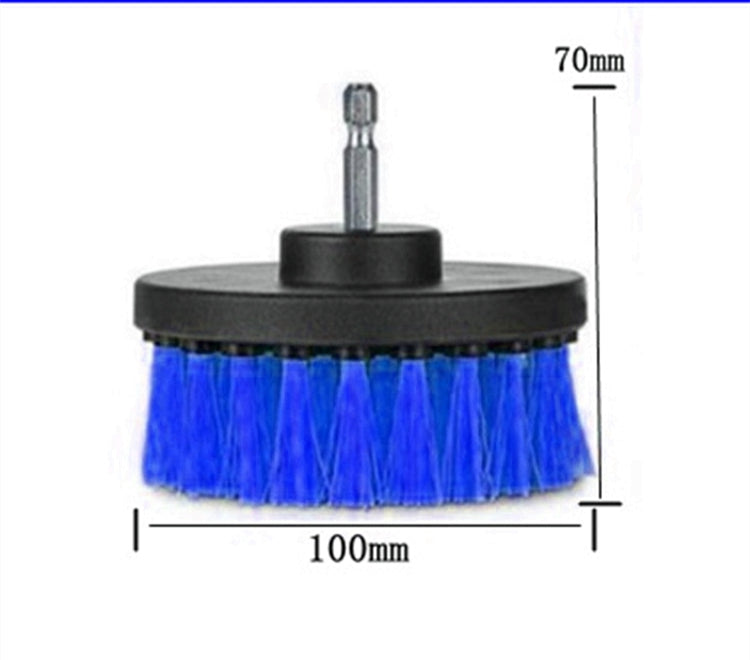 Electric drill cleaning brush head with blue bristles and black base, 100mm wide