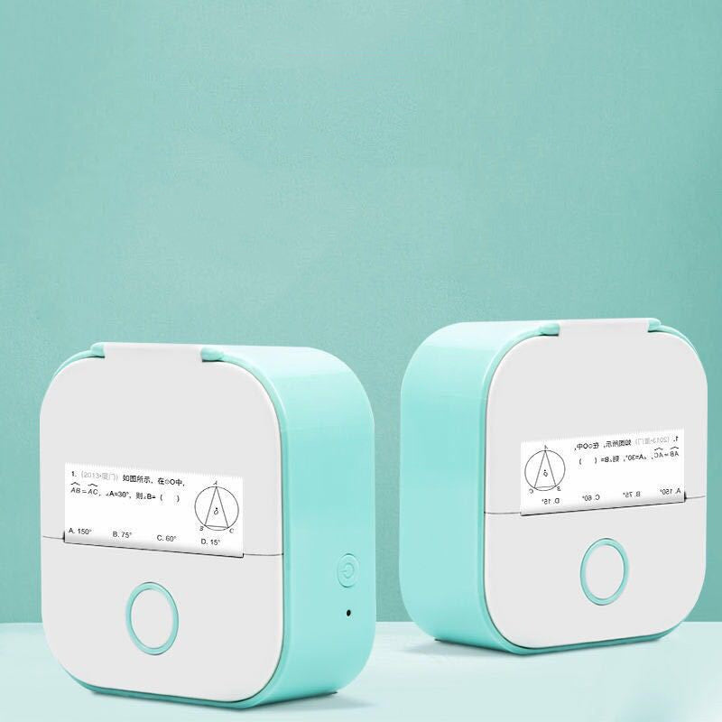 Portable mini thermal label printer set in teal and white, printing labels