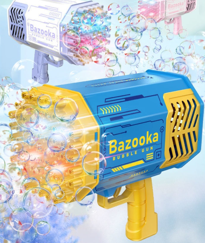 Blue bubble gun toy with yellow handle, releasing many round soap bubbles from barrel