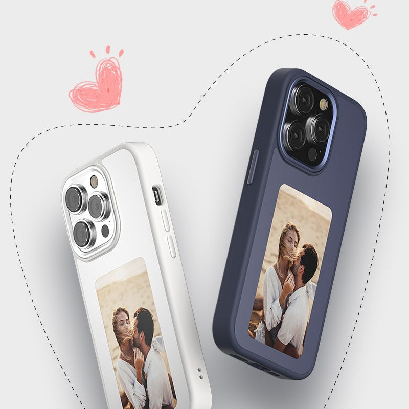 Phone case display screen with portrait art, shown in white and dark blue colors.