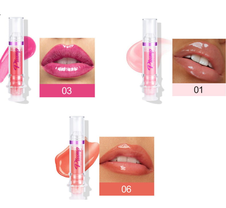 Glossy lip color tube with berry shade 03 and nude pink shade 01 swatches