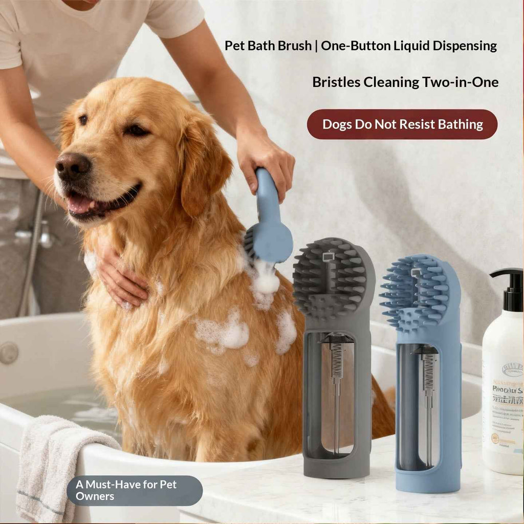 Pet bath brush with silicone bristles and liquid-dispensing chamber, gray and blue