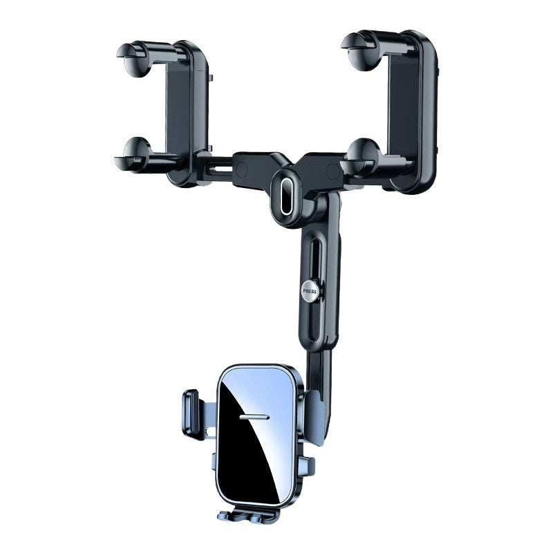 Black clip-on rearview mirror phone holder with cradle and side mounting arms