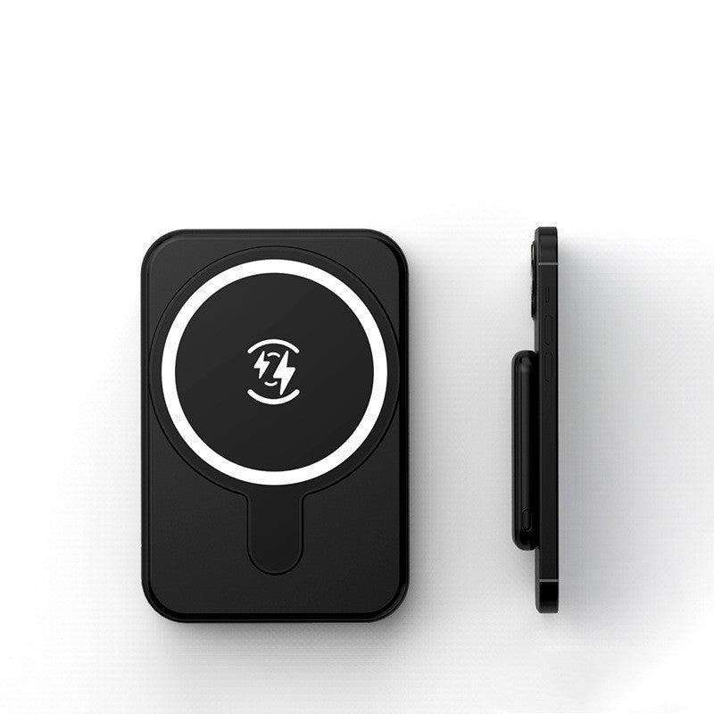Black magnetic wireless power bank with circular charging icon and slim side