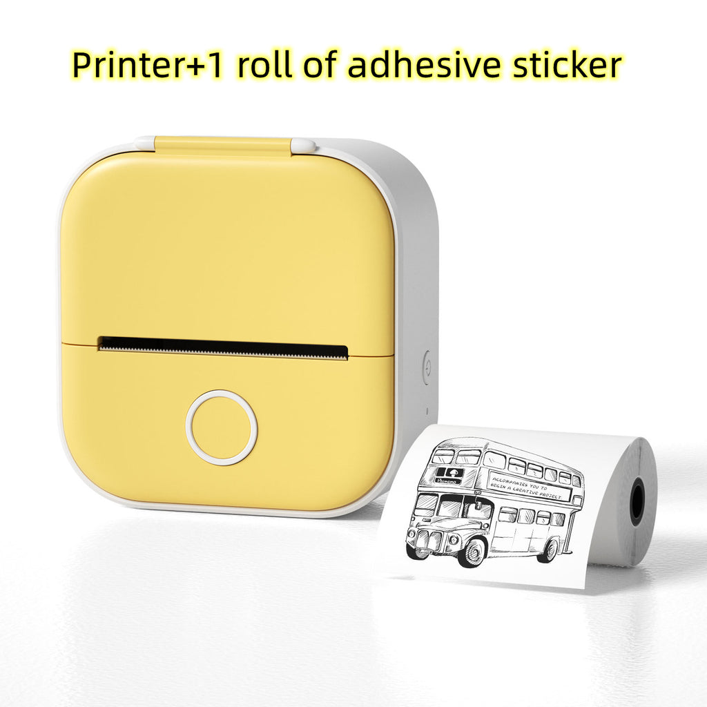 Yellow portable mini thermal label printer with adhesive sticker roll