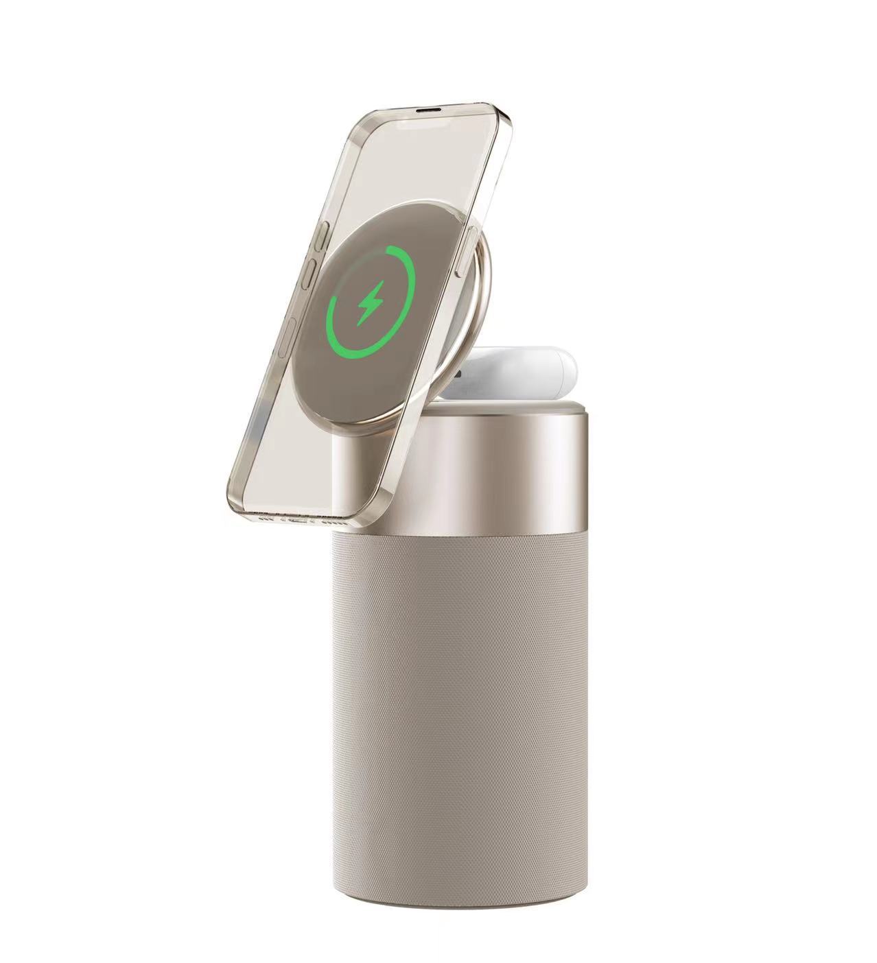 3-in-1 wireless charger speaker with lamp, phone on dock above earbuds and silver base