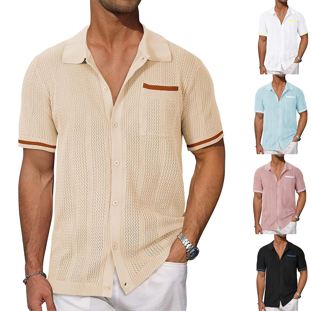 Men’s short-sleeve knit shirt, khaki cream, button-front with chest pocket and contrast trim.