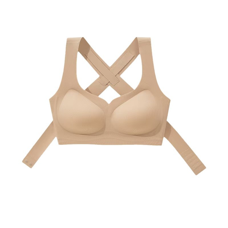 Nude front-closure support bra with crisscross back straps and underwire-style shaping