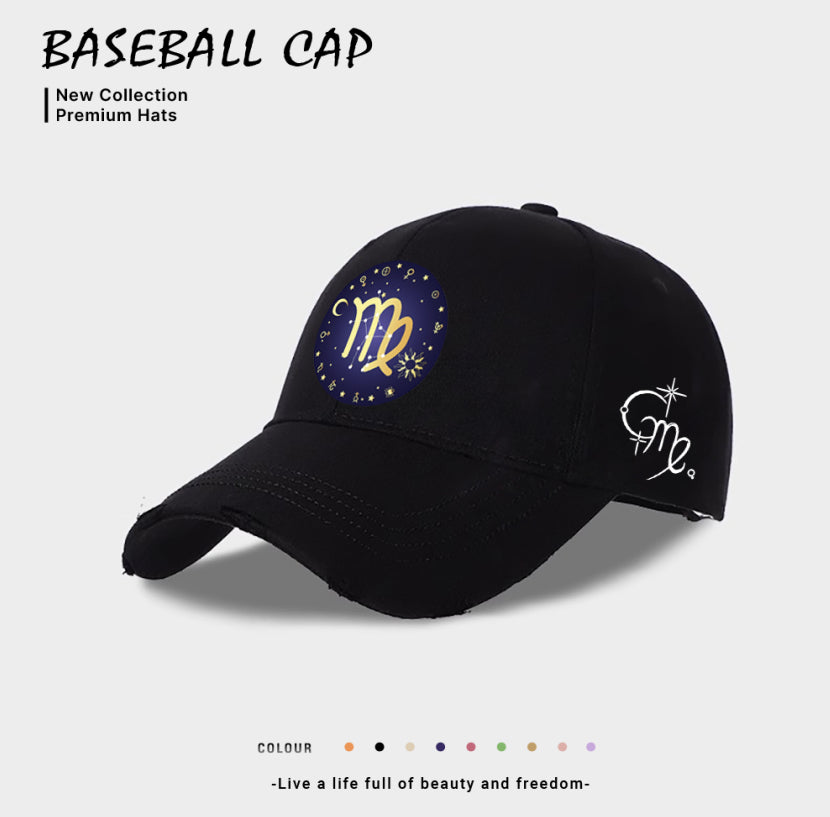 Black baseball cap with starry zodiac-style emblem and white side graphic