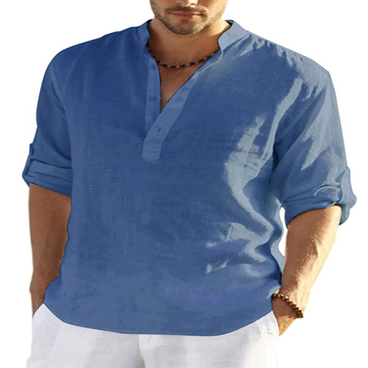 Men's cotton-linen short-sleeve shirt, blue, stand collar button placket