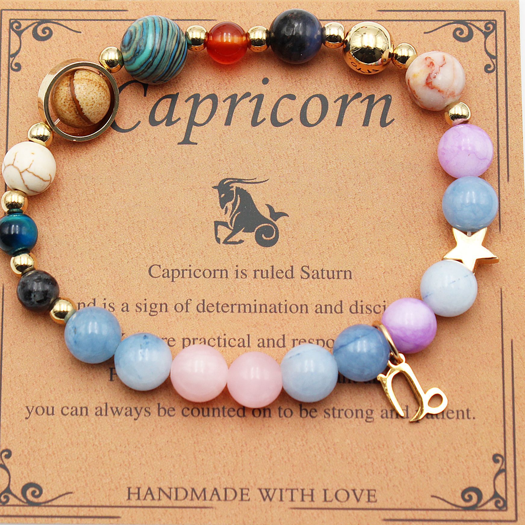 Capricorn zodiac beaded bracelet with pastel beads and gold-tone star charm