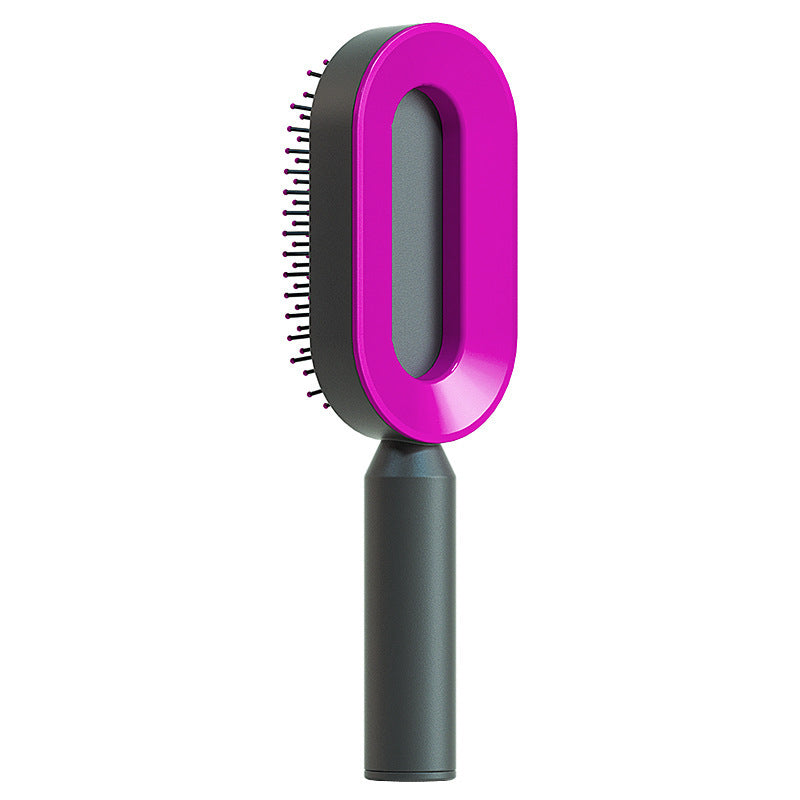 Self-cleaning hair brush with purple oval head and dark gray handle