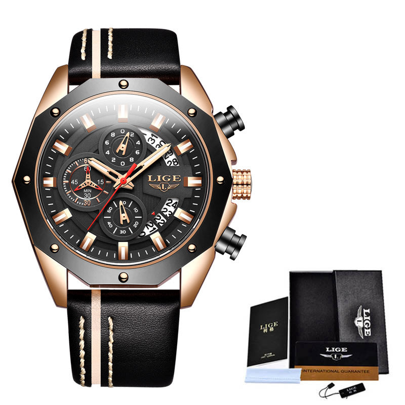 Men's sport watch with black leather strap, gold-tone case, and included accessories