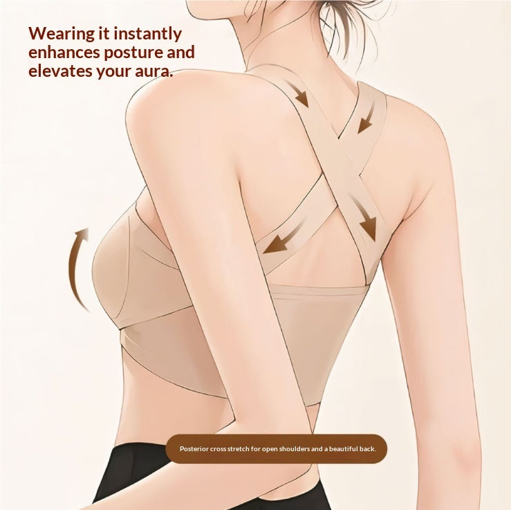 Nude posture-correcting bra on upper body with crisscross support straps and cups
