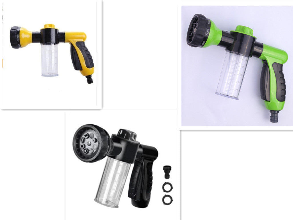 Foam spray gun with clear bottle and round nozzle head, shown from multiple angles.