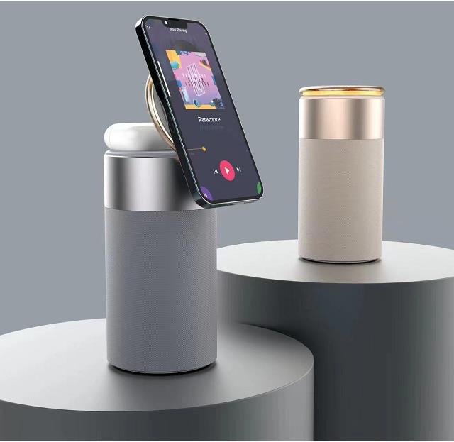 3-in-1 wireless charging speaker with lamp, grey base and silver top ring with phone dock