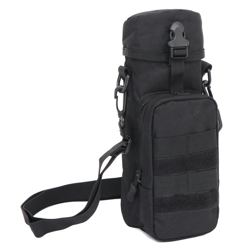 Black water bottle cover shoulder bag with front panel pocketing and crossbody strap
