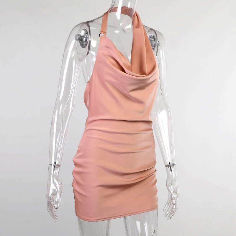 Satin party dress on mannequin, sleeveless mini V-neck backless, pink torso
