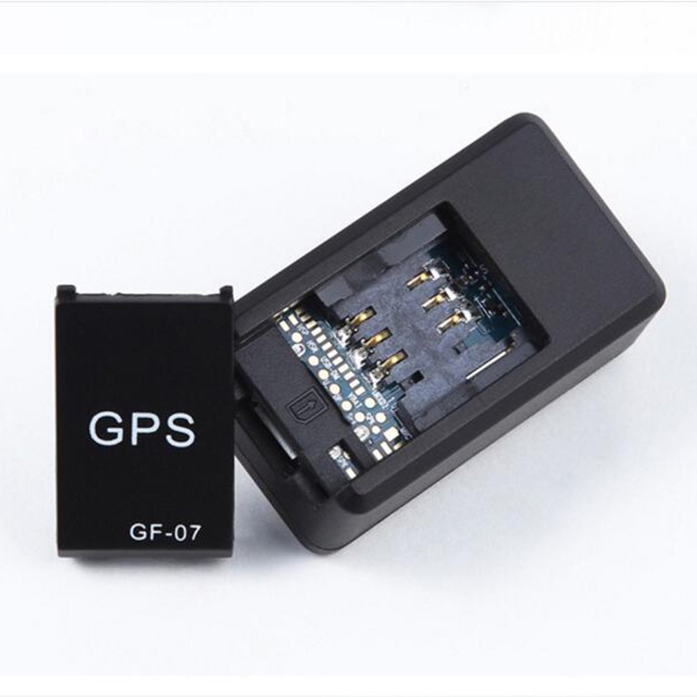 Mini GPS tracker with open housing revealing circuit board, black GPS module