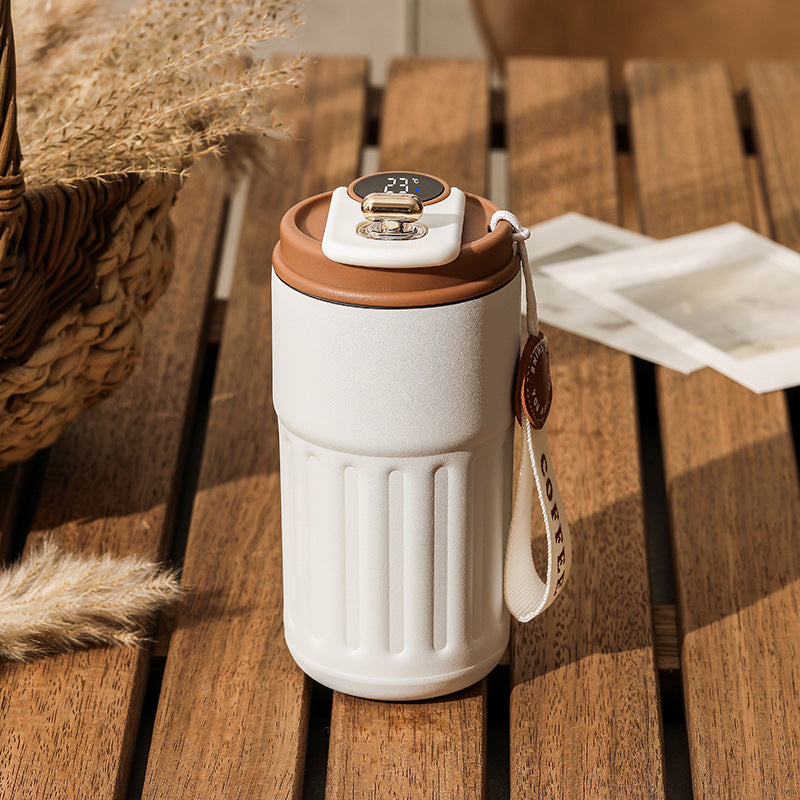450ml insulated thermal bottle with white body, brown lid, digital temperature display