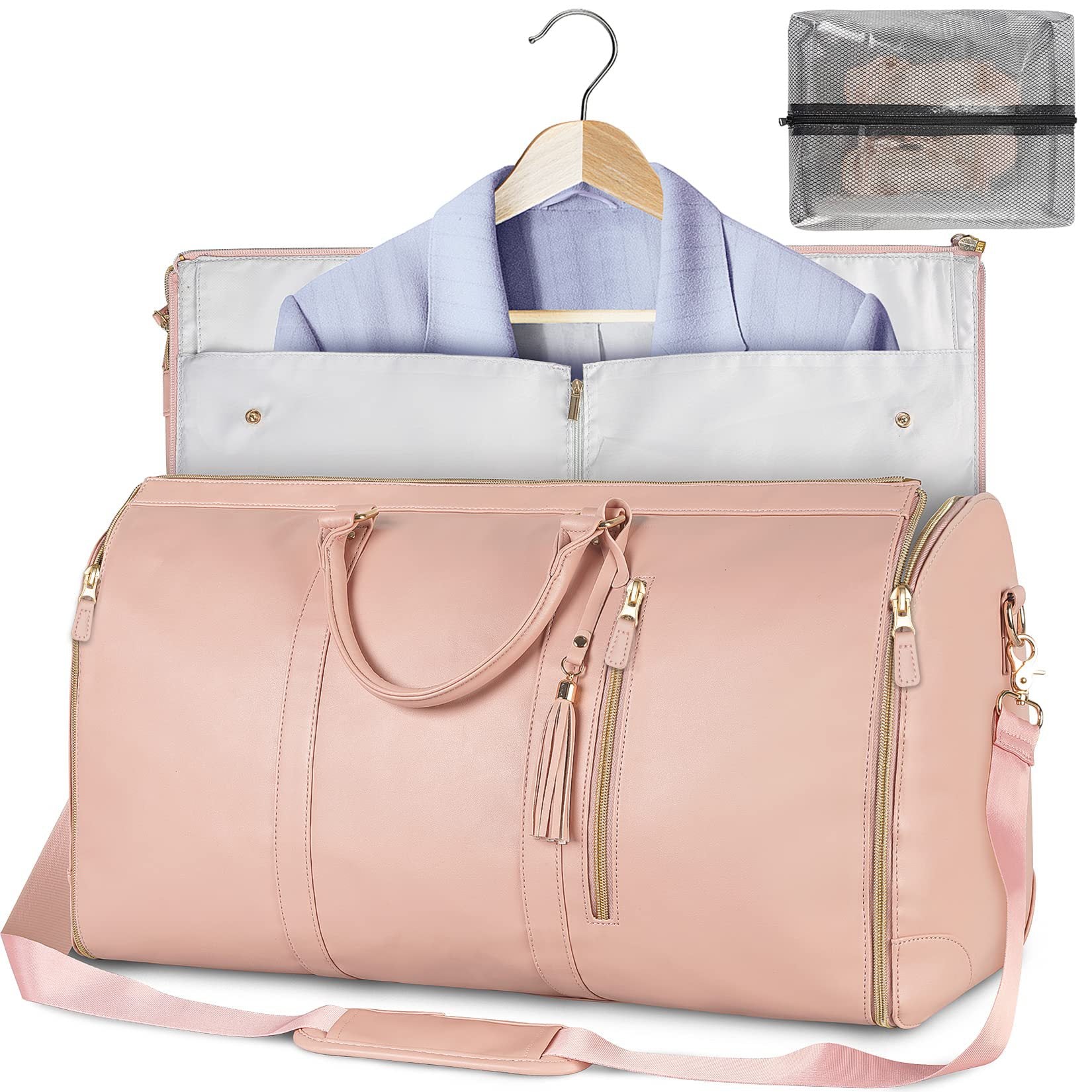 Pink large capacity travel duffle bag with open top, front zipper, and shoulder strap