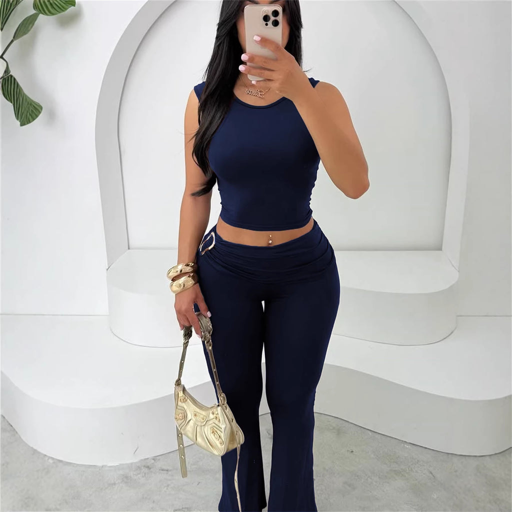 Womens sleeveless crop top and bodycon flare pants set, dark blue