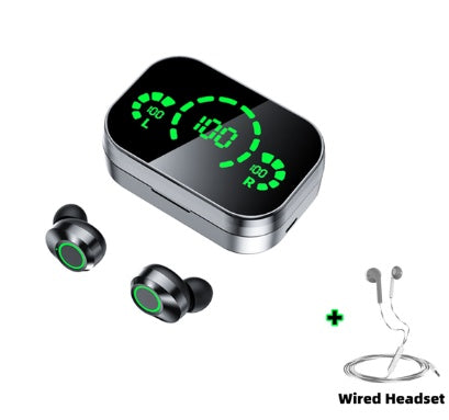 Wireless earbuds with charging case, plus wired headset with white cord and earbuds