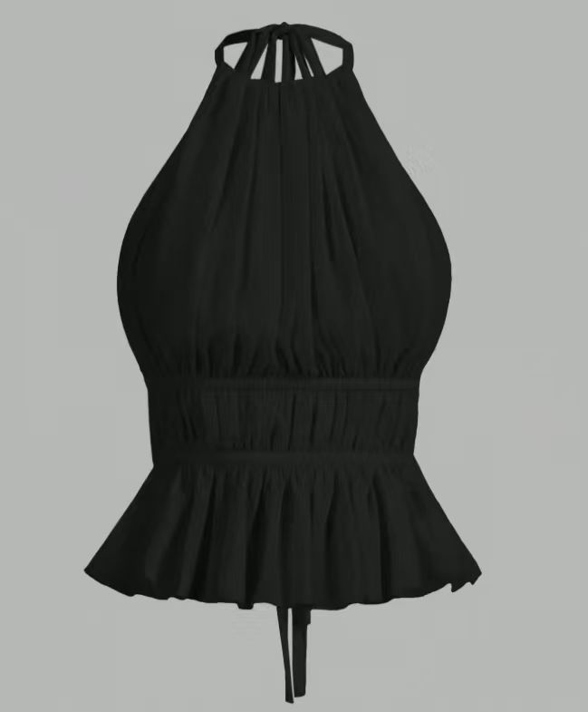Black pleated halter tie-up top with back keyhole and ruffled peplum hem
