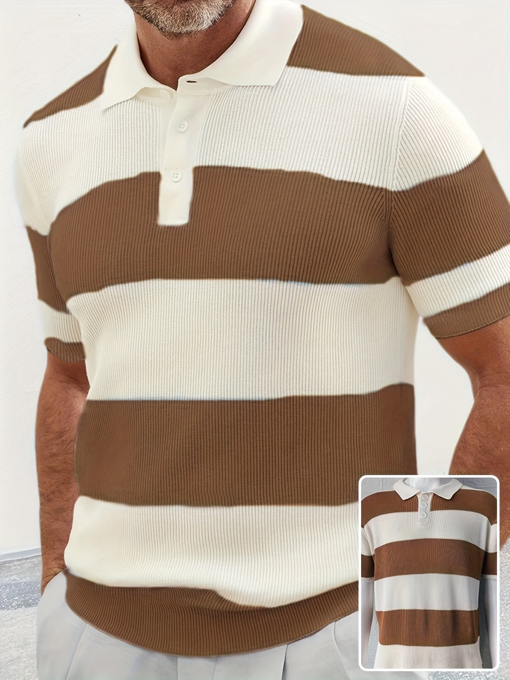 Men's short-sleeve striped polo knit sweater in white and brown horizontal stripes