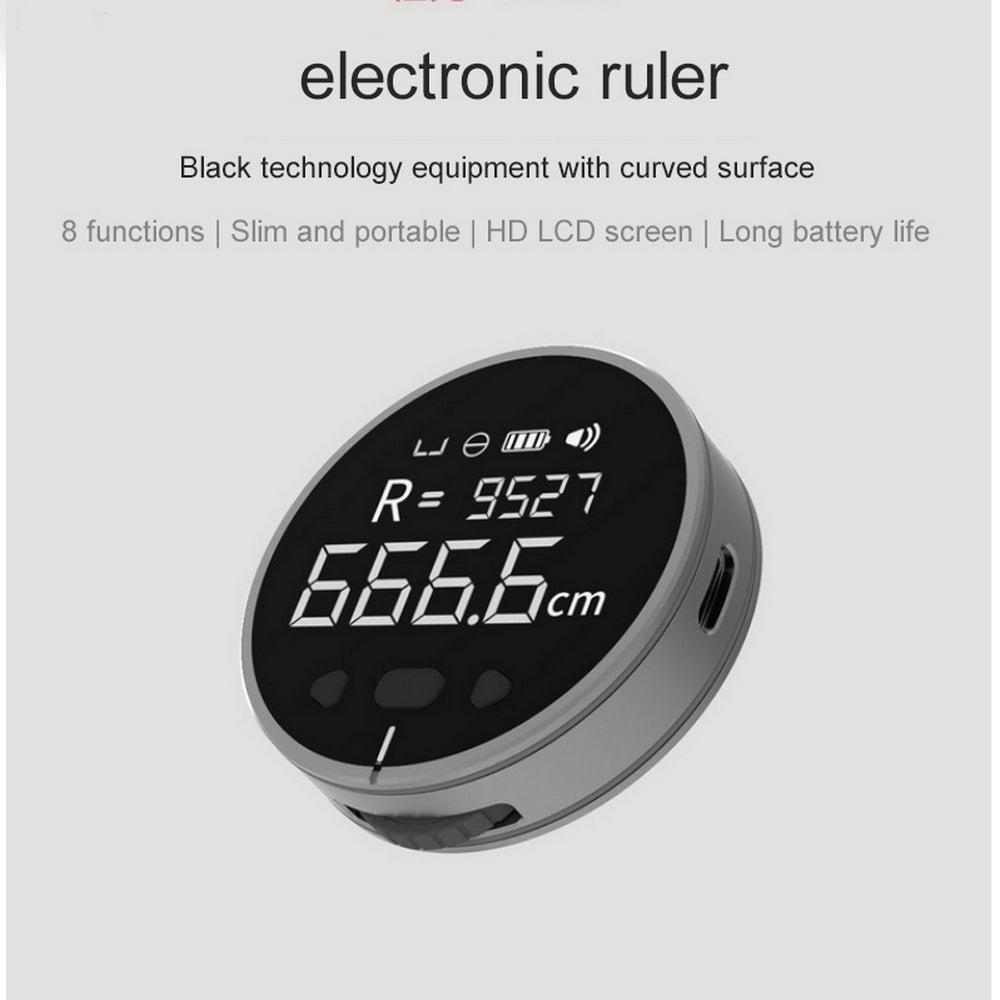 Digital electronic ruler, round black device with LCD screen showing distance readout
