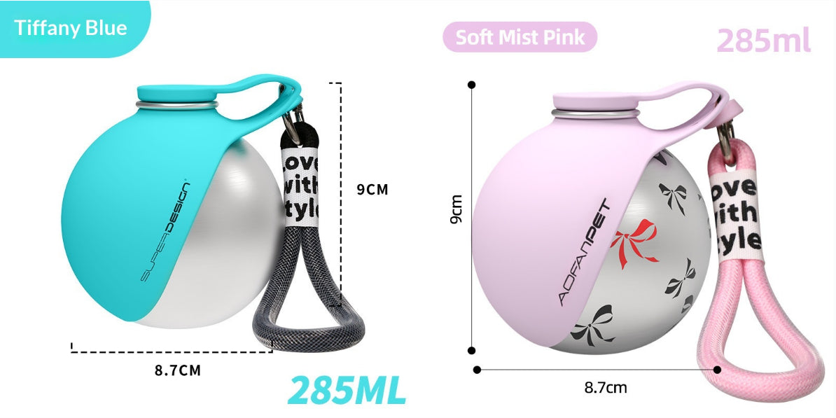 Two portable pet water dispenser bottles: Tiffany Blue with black strap and soft mist pink.