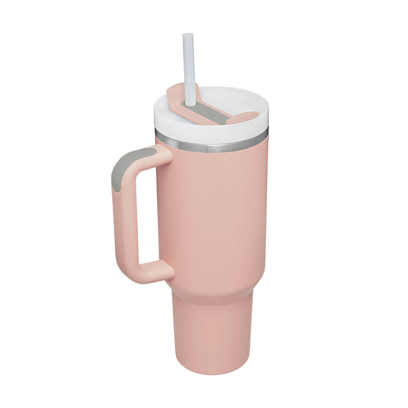 40 oz insulated tumbler with handle and straw, light pink