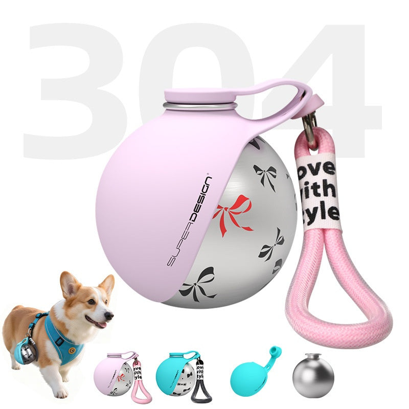 Soft mist pink stainless steel pet water bottle with printed front and pink carry strap.