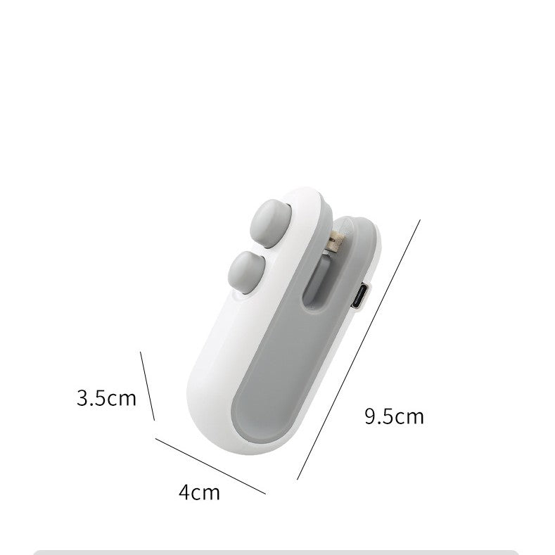 Handheld white heat sealer dimensions, with oval buttons and USB port