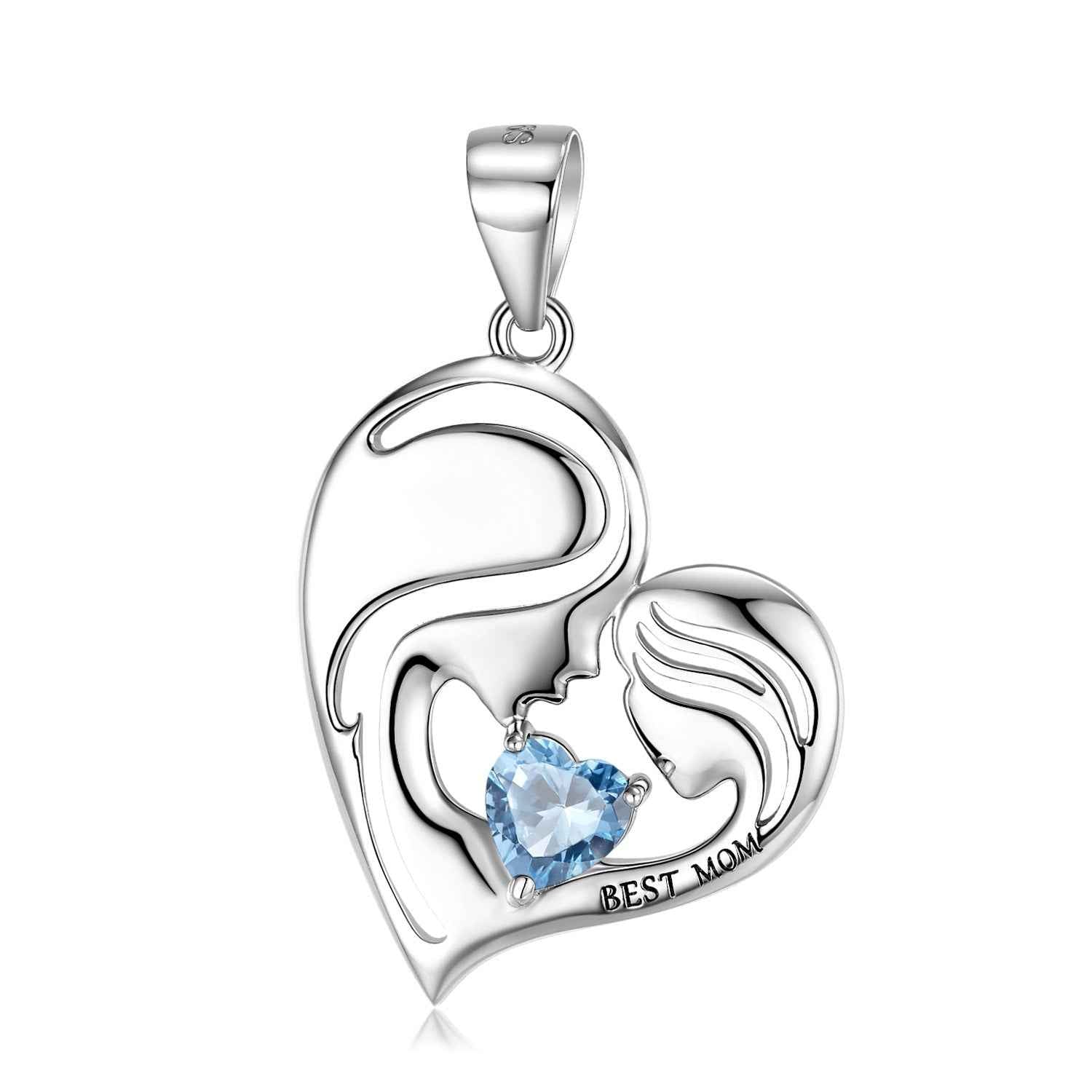 S925 sterling silver heart pendant with light blue crystal and Best Mom engraving