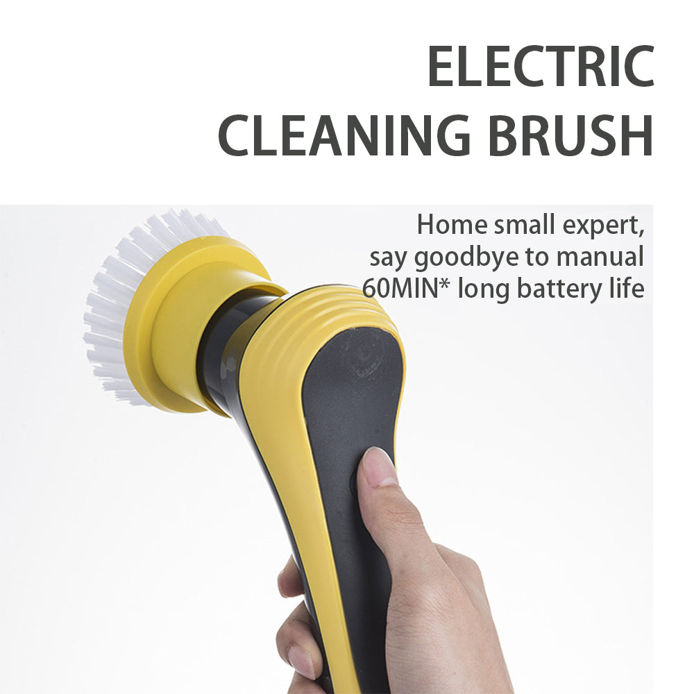 Electric cleaning brush with yellow bristle head and black handle control, handheld use