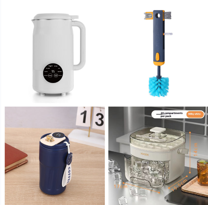 White insulated thermal bottle with handle and display; includes cleaning brush