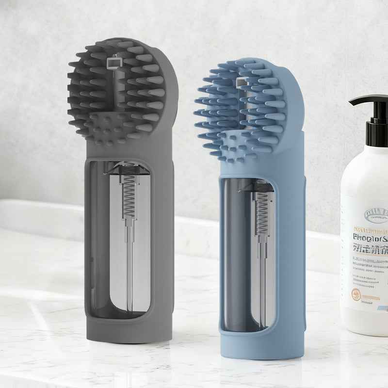 Pet bath brush in gray and blue with silicone bristle heads and refill bottle