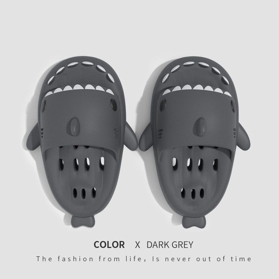 Shark EVA shower slides with drain holes, dark gray cartoon design