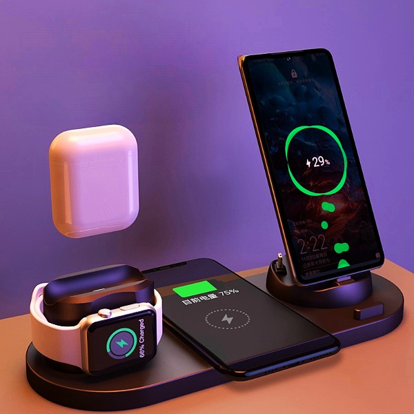 Wireless charging dock with phone and watch stands, black base and white charging pods