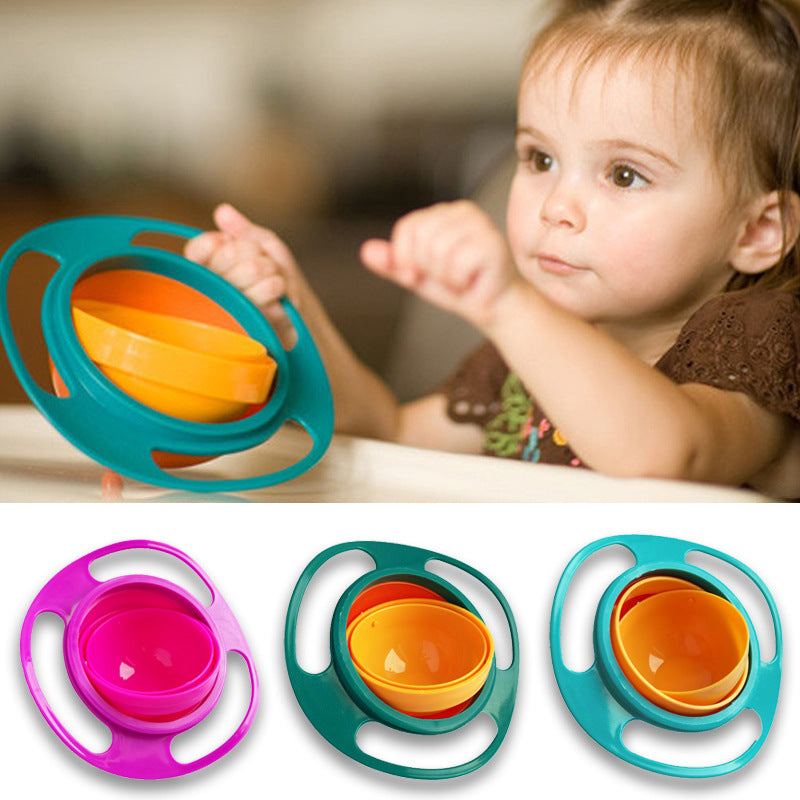 Rotating spill-proof bowl: teal outer ring, orange inner bowl, open lid